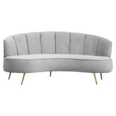 Hasna three seat grey velvet sofa with sleek curved design and gold tone legs perfect for stylish living rooms