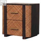 Dark wood nightstand with two drawers featuring woven rattan panels and velvet mocha finish for bedside storage