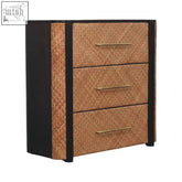Black framed havana weave 3 drawer chest with tan handwoven rattan drawer fronts and gold tone handles on mango wood frame