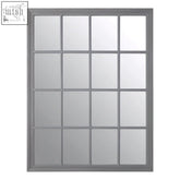 Gray metal-framed wall mirror with a grid of 16 square panes in antique grey finish wooden style
