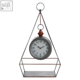Hayden antique silver finish table clock with metallic triangular frame, copper pendulum, and white face with black numerals