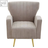 Beige hayley mink velvet armchair with vertical pleats and gold-tone tapered legs perfect for stylish seating