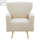 Cream-colored hayley natural velvet armchair with vertical pleats and gold-tone tapered legs velvet armchair