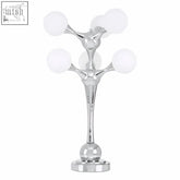 Heba chrome 6 light table lamp with frosted glass shades and chrome finish in a branching tree-like design