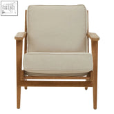 Beige oak wood armchair with natural linen upholstery and a light oak wood frame perfect for cozy seating