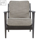 Gray tweed armchair with a black oak wood frame and dark wood accents for stylish and durable seating