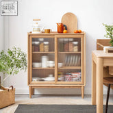 Light wood hedda sideboard with oak material glass doors featuring vertical ribbed panels and matching wooden legs