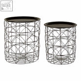 Hege set of 2 black wire basket tables with cylindrical wire mesh design and flat dark-colored tops