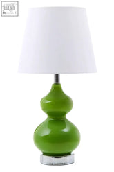 Heidy green glass table lamp with a glossy lime green base, white shade, and chrome accents for stylish lighting