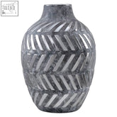 Helaine grey and silver large vase featuring a gray ceramic textured geometric pattern with intersecting diagonal lines