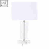 Clear acrylic rectangular table lamp with a white rectangular shade perfect for modern table lighting