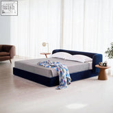 Navy blue velvet heloise king size bed with gray mattress and white pillows king size bed perfect for super king rooms