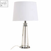 Silver-toned helvetia clear crystal table lamp with chrome base and sleek white drum shade for stylish lighting