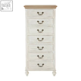 White distressed wood antique style chest of 7 drawers with natural oak top and black metal handles