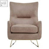 Beige henry armchair with light brown faux leather upholstery and gold-tone metal legs for stylish seating