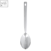 A sleek hera stainless steel serving spoon with shiny finish and hole on handle for easy hanging