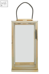 Herber large gold steel lantern with clear glass panels and black leather handle for stylish home decor