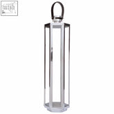 Herber large silver hexagonal lantern with clear glass panels and hair on leather handle for stylish lighting