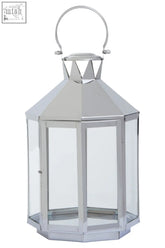 Herber large silver steel lantern with clear glass panels and decorative handle in silver metallic finish