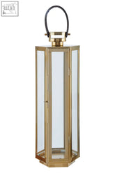Herber medium gold finish lantern with brass frame clear glass panels and black leather handle for easy carrying