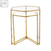 Herber set of 2 gold finish hexagon nesting side tables with clear glass tops and sleek gold finish hexagon frames