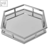 Herber silver finish hexagonal tray with sleek polished chrome frame and reflective silver tray glass surface stainless steel look
