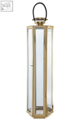 Small gold finish herber lantern with brass frame clear glass panels and black leather handle