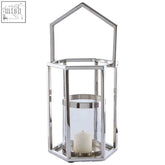 Herber small silver hexagonal lantern with stainless steel frame clear glass interior and white candle inside