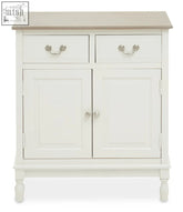 Heritage 2 drawer white sideboard with light gray wood top silver hardware and two cabinets below white sideboard