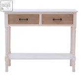 Heritage white console table with two beige slatted drawers and dark metal handles on turned legs