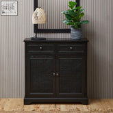 Heritage black wooden sideboard with black cane woven lattice design featuring two drawers and two doors wooden sideboard