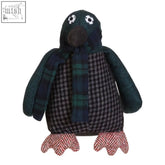 Heritage green large penguin door stop with patchwork dark green checkered body and teal knitted arms for penguin door use