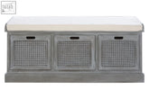 Heritage grey storage bench with three cane-paneled drawers and a white cushion for extra comfort