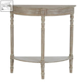 Heritage half moon console table with pine wood, grey washed finish and turned wooden legs in rustic style