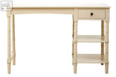 Beige bamboo style heritage ivory desk with single drawer and three open shelves for organized workspace