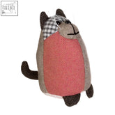 Heritage large brown cat door stop made of textured gray and coral herringbone wool with checkered ears cat door stop