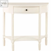Heritage one drawer antique white console table with a white half-moon shape and turned legs for stylish storage