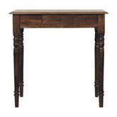 Dark brown wooden heritage turned-leg desk with a single drawer and classic turned legs for stylish workspace use