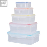 Herrela 5pc rectangular food containers with airtight clear plastic and colorful pastel lids in pink blue yellow purple