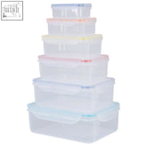 Herrela 6pc rectangular food containers with airtight lids in pastel blue pink yellow and orange colors made of clear plastic