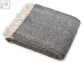 Gray herringbone pure new wool throw with cream fringe in charcoal silver 183cm including fringe ideal for double bed