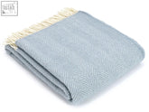 A soft duck egg blue herringbone pure new wool throw 183cm including fringe perfect for double bed use