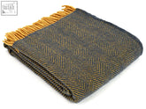 Folded navy mustard herringbone pure new wool throw with fringed edges 183cm including fringe perfect for double bed