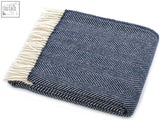 Navy herringbone pure new wool throw blanket with cream fringe 183cm including fringe perfect for double bed use