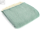 Soft sea green herringbone pure new wool throw with cream fringe 183cm including fringe perfect for double bed