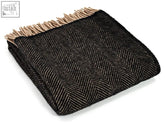 Black and beige herringbone pure new wool throw with fringed edges 183cm including fringe perfect for double bed