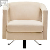 Beige velvet hestia swivel chair with tufted back and metal legs perfect for cozy seating