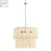 Cream leather ceiling light with tiered fringed chandelier design and metallic accents for stylish lighting