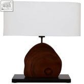 Hestina wooden live edge design table lamp with sleek mungur wood base and clean white linen shade for any room