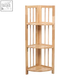 Light-colored hevea wood corner shelf unit with three tiers and vertical slats in tropical hevea wood design